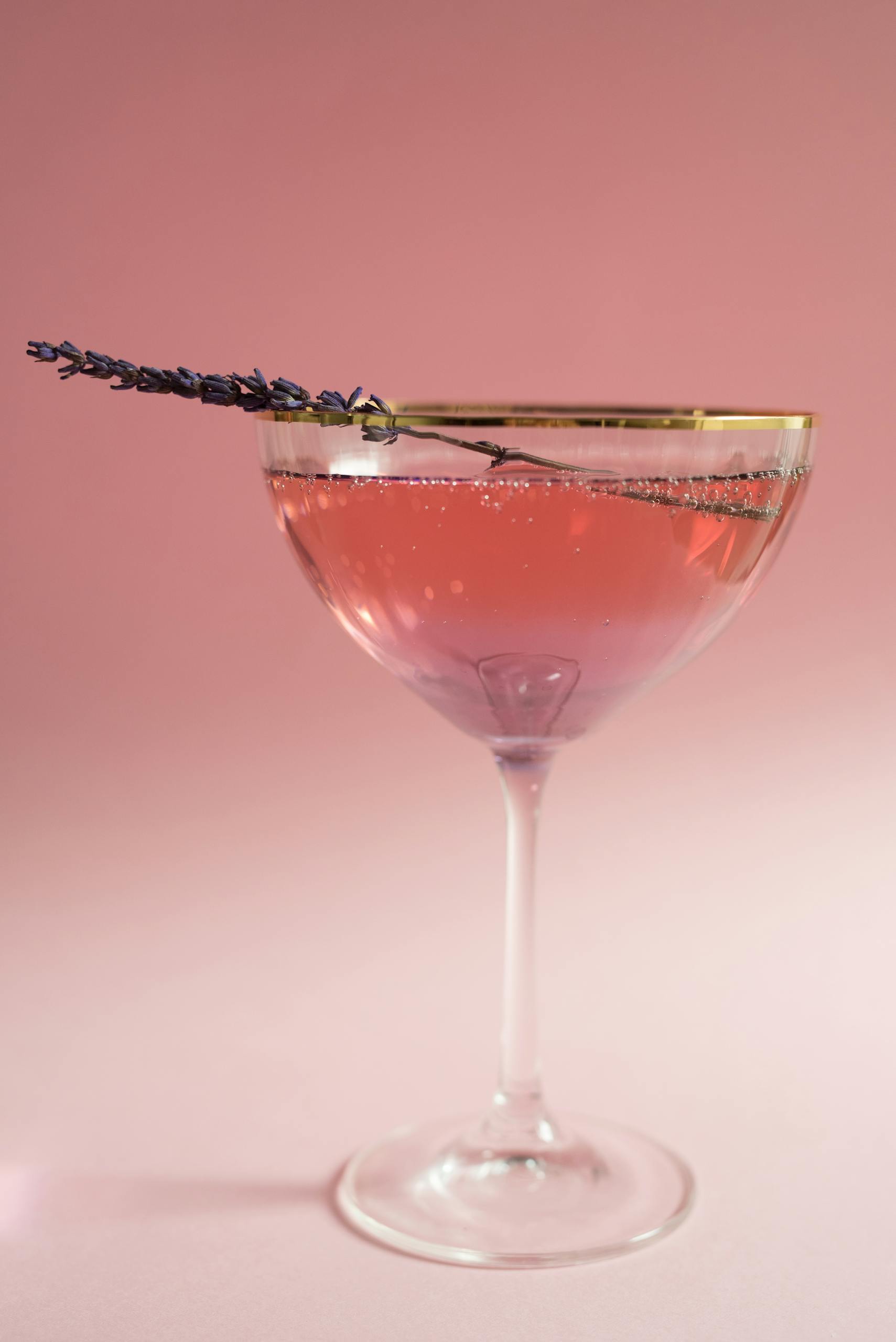 Lavender sprig in sparkling pink cocktail against a soft pink backdrop.